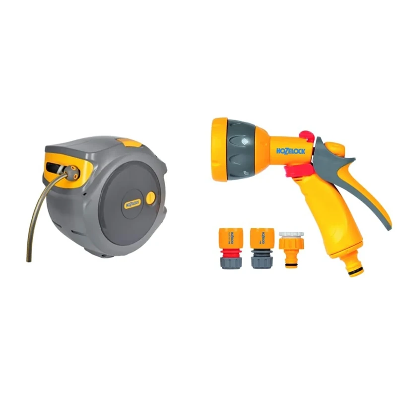 Hozelock 2401 0000 Auto Reel with 20 m Hose, Yellow/Grey & Hozelock 2347 0000 Multi Spray Watering Gun Starter Set, 205.0 mm*230.0 mm*260.0 mm