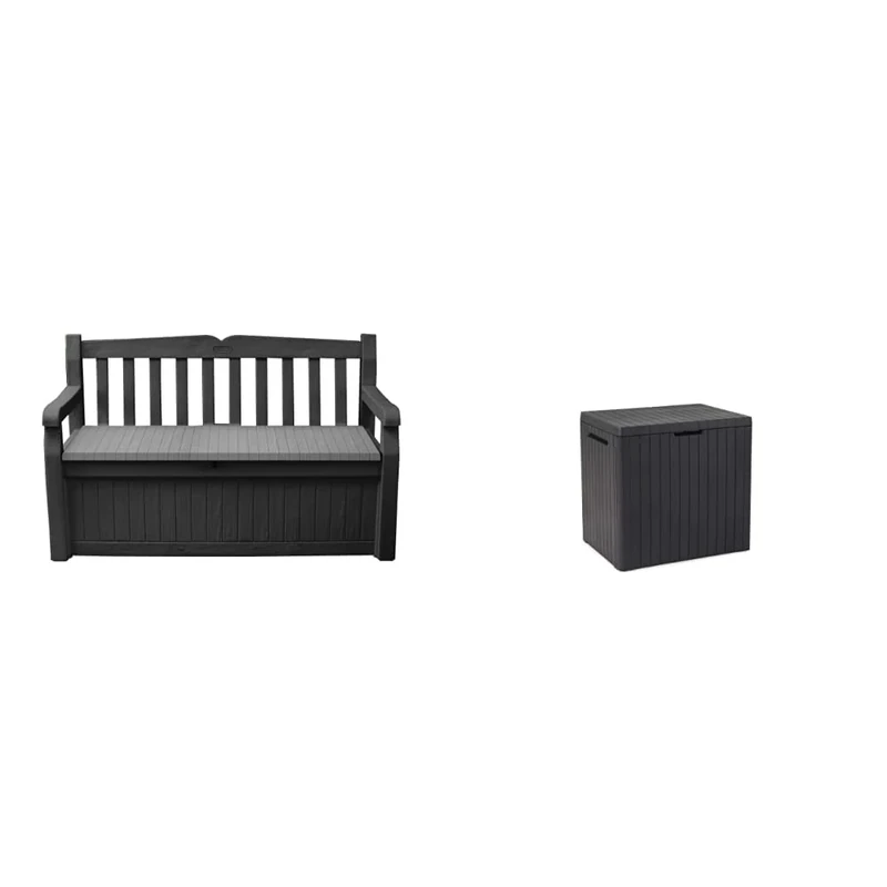 Keter Eden Bench Outdoor Storage Box Garden Furniture, Graphite and Grey, 132.5L x 75W x 18.5H cm & City Outdoor Storage Box Garden Furniture 57.8 x 44 x 55 cm - Dark Grey