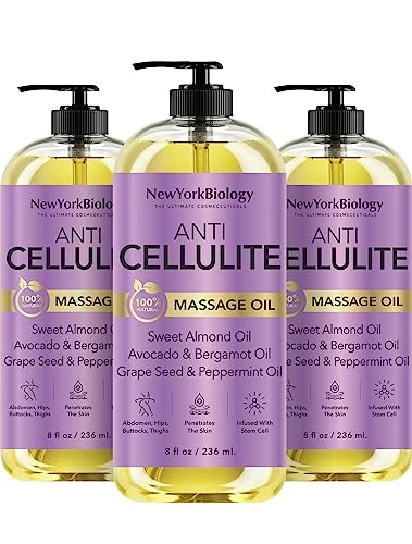 New York Biology Anti Cellulite Massage Oil 240 ml – Made with 100% Natural Oils – Body Oil for Massage Therapy, Muscle Relaxation and Deep Tissue - Pack of 3