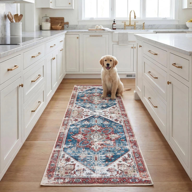 Safavieh Traditional Rug Ideal for High Traffic Areas - Machine Washable and Non Slip - Tucson Collection, Short Pile, in Blue and Red, 76 X 244 cm