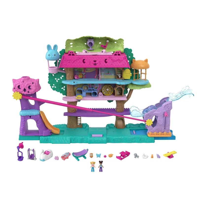 Polly Pocket Doll House with 2 Micro Dolls and Accessories, Toy Car, Funriture and 4 Pets, Expandable Pet Adventure House, Gifts for Kids, HJJ98