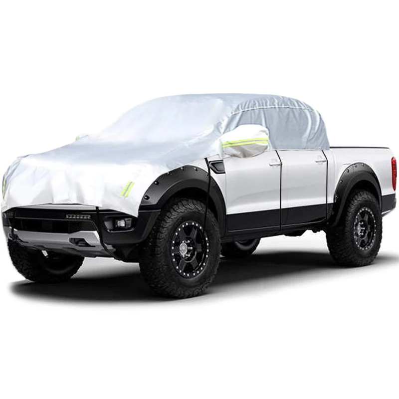 Konnfeir Half Car Cover with Cotton All Weather Car Body Covers Outdoor Indoor for All Season Waterproof Dustproof UV Resistant Snowproof Universal (Pickup (Crew Cab))