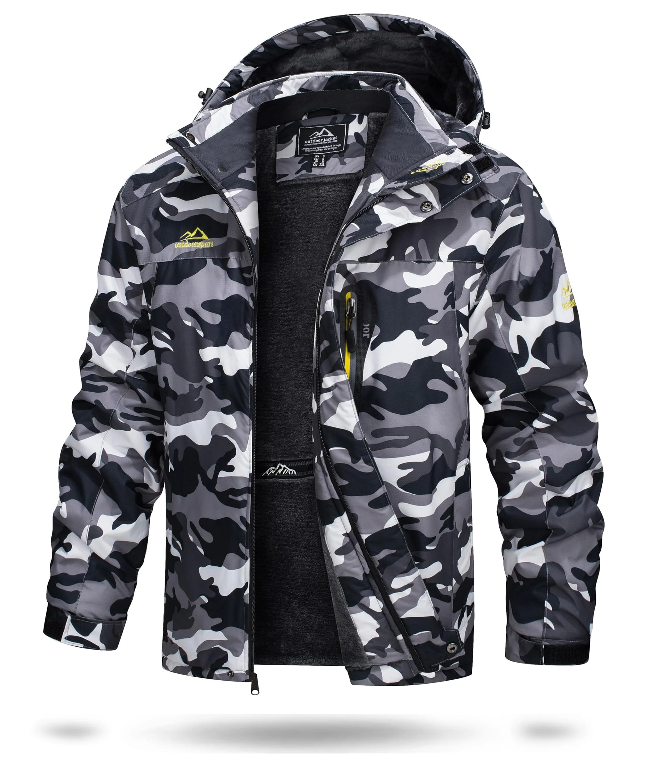 TACVASEN Mens Jackets Full Zip Fleece Jacket Outdoor Waterproof Coats with Detachable Hood for Winter Autumn Black Camo,S