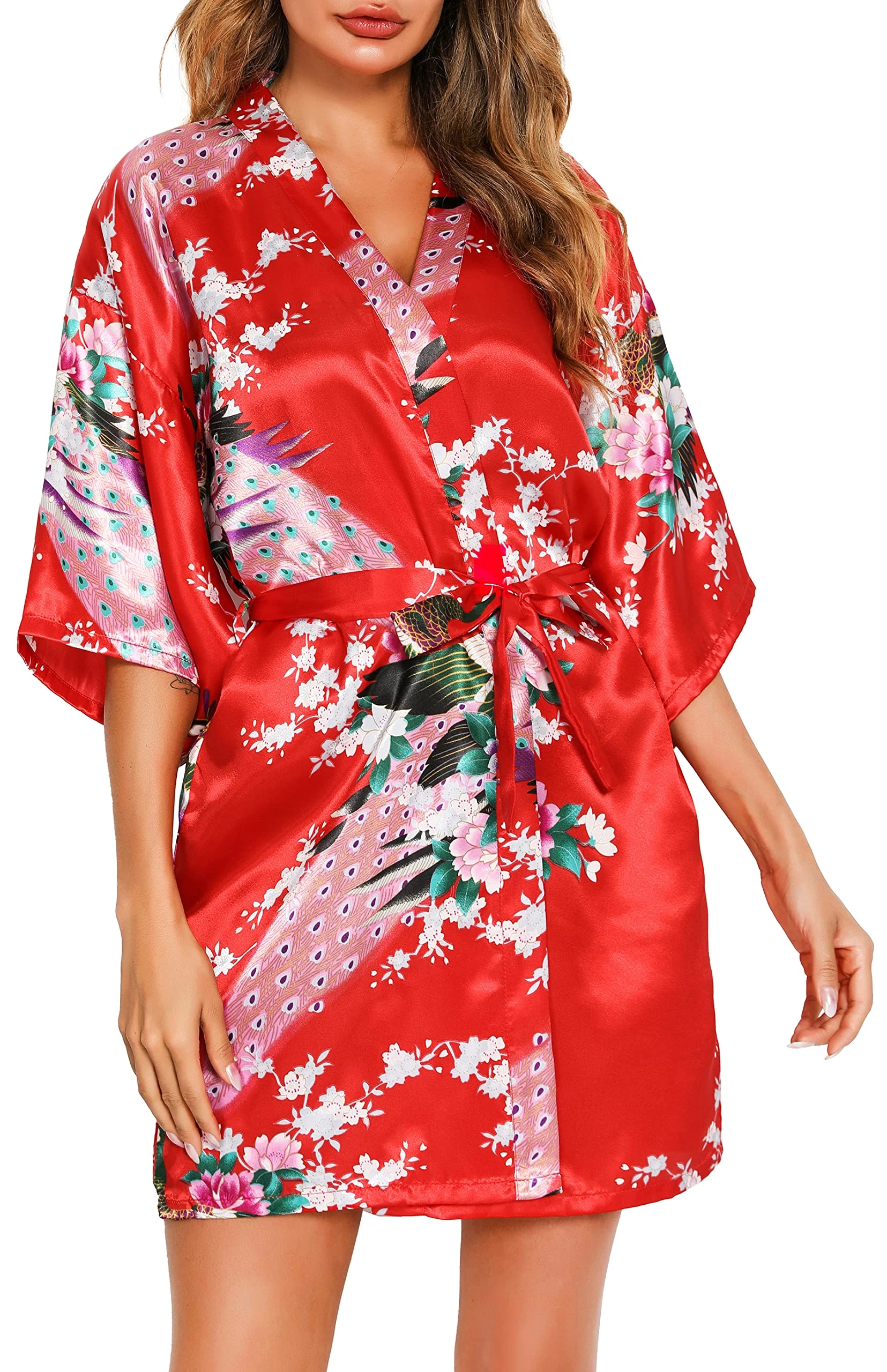 Vlazom Women Kimono Robes Satin Dressing Gown Peacock and Blossoms Nightwear Short Silk Bride Bridesmaid Robe Red,S
