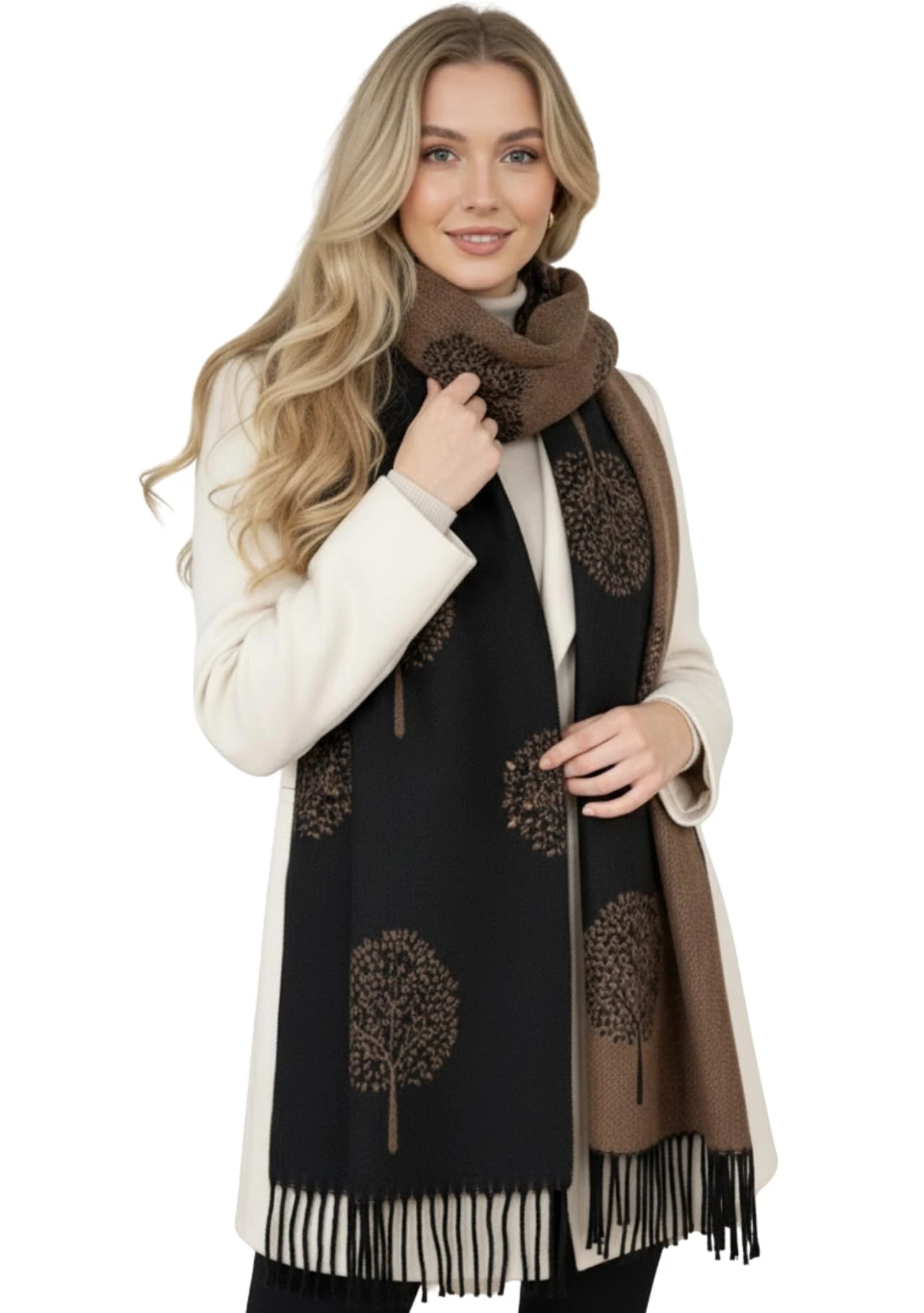 Cashmere Tree of Life Blanket Scarf - Reversible Pashmina Shawl, Winter Wrap, Warm Scarf, Ladies Long Wrap, Women's Gift (Black)