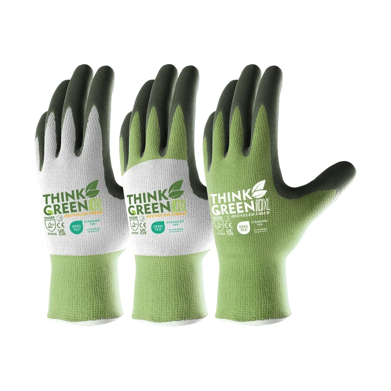 COOLJOB Breathable Gardening Gloves for Young Ladies, Women, Men and Elderly, 3 Pairs Stretch Recycled Polyester Garden Work Gloves with Grip, Non-slip Rubber Coated, Think Green, Xlarge Adult