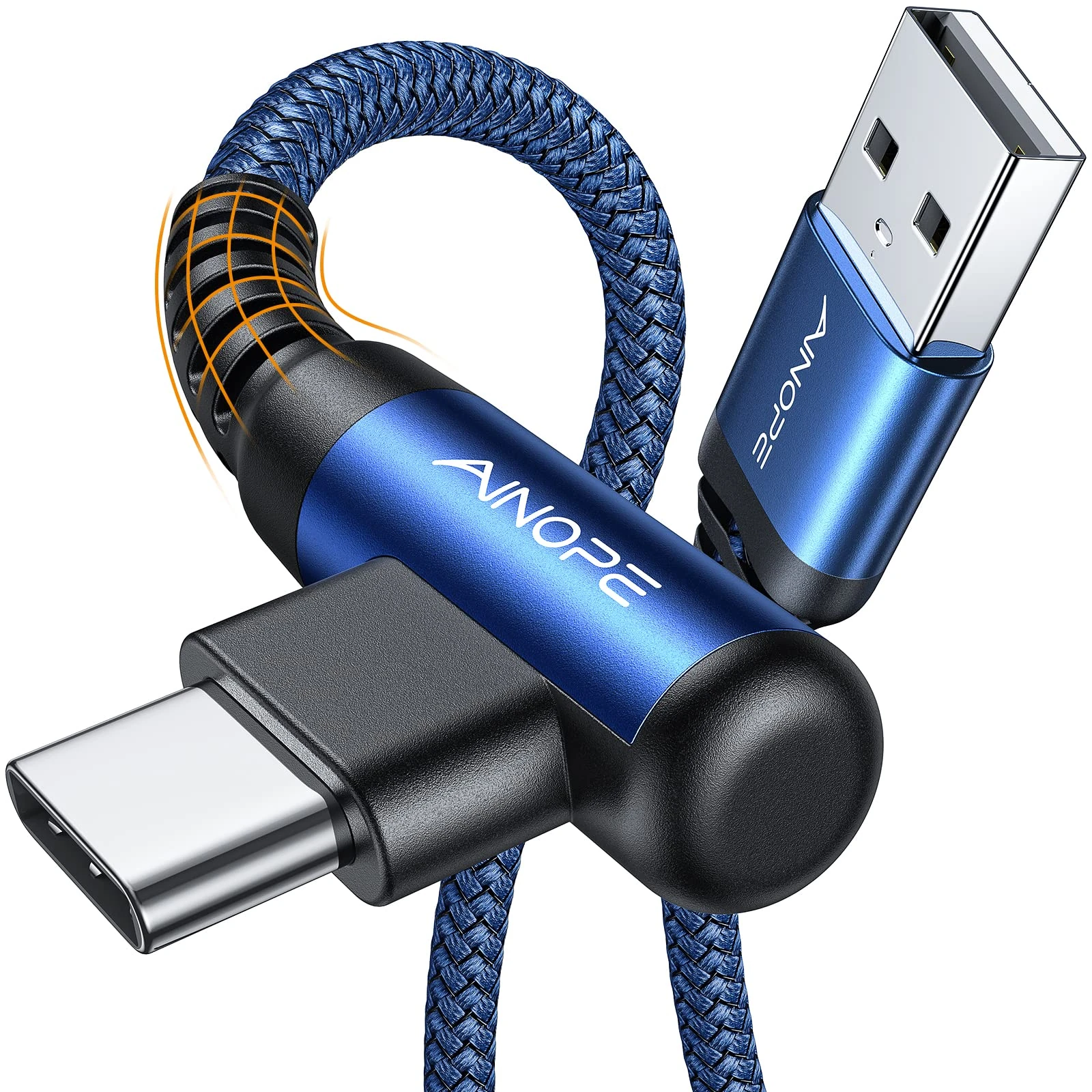 AINOPE AP544-2M Type C Cable 2-Pack, 6.6ft Fast Charging Right Angle, Durable Nylon Braided USB C Cable Compatible with Galaxy S10 S9 S8 Plus S21, Note 10 9 8, LG (Blue)