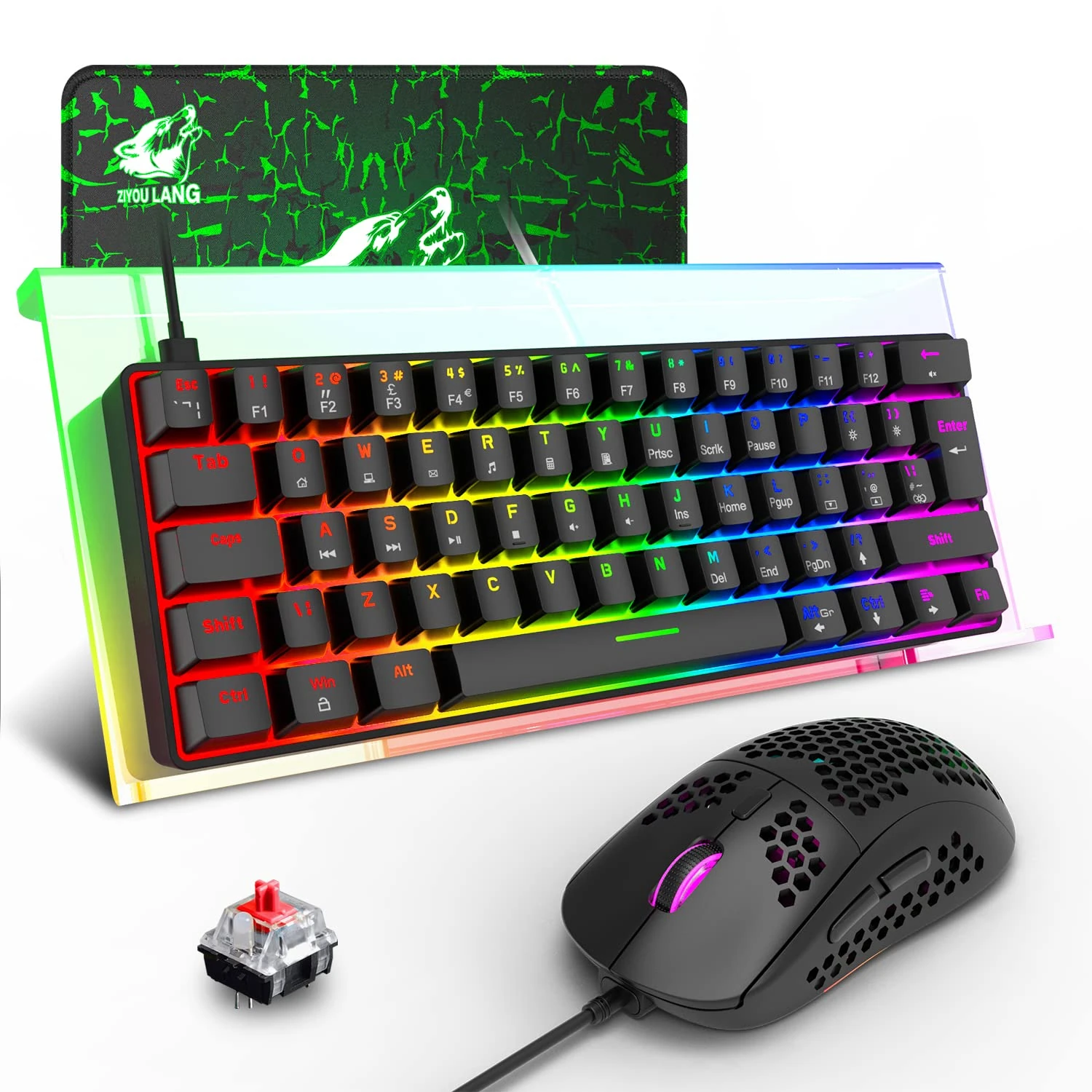 UK Layout 62 Key 60% Mechanical Red Switch Rainbow Backlit Wired Gaming Keyboard + RGB 6400 DPI PC Gaming Mouse + Acrylic Ergonomic Tilted Keyboard Riser Holder Stand + Mice Pad For Game/Office-Black