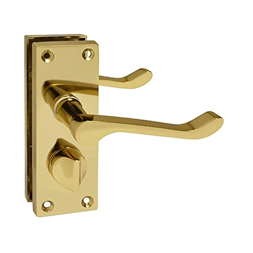 HANDLESTORE Victorian Scroll Bathroom Door Handles – Polished Brass Lever Handle with Thumbturn Lock & Backplate – Privacy Internal Door Handles with Screws