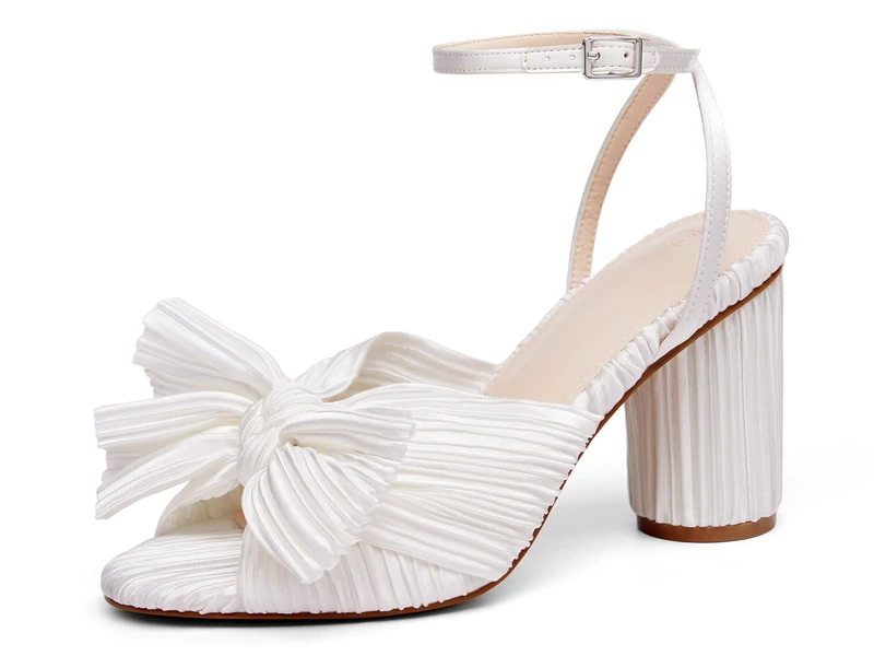 VETASTE Women's Bow Knot Heeled Sandals Bridal Wedding Open Toe Ankle Strap Chunky Heels, White, 6 UK