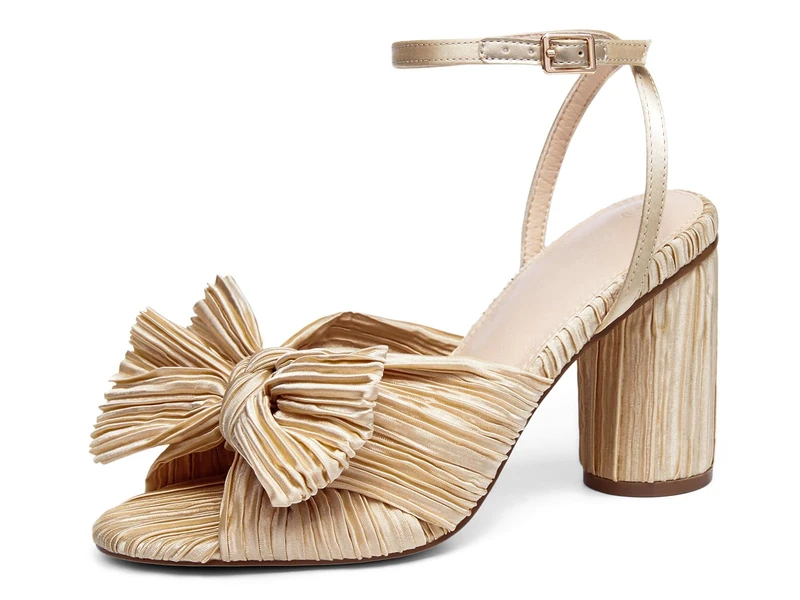 VETASTE Women's Bow Knot Heeled Sandals Bridal Wedding Open Toe Ankle Strap Chunky Heels, Gold, 6.5 UK