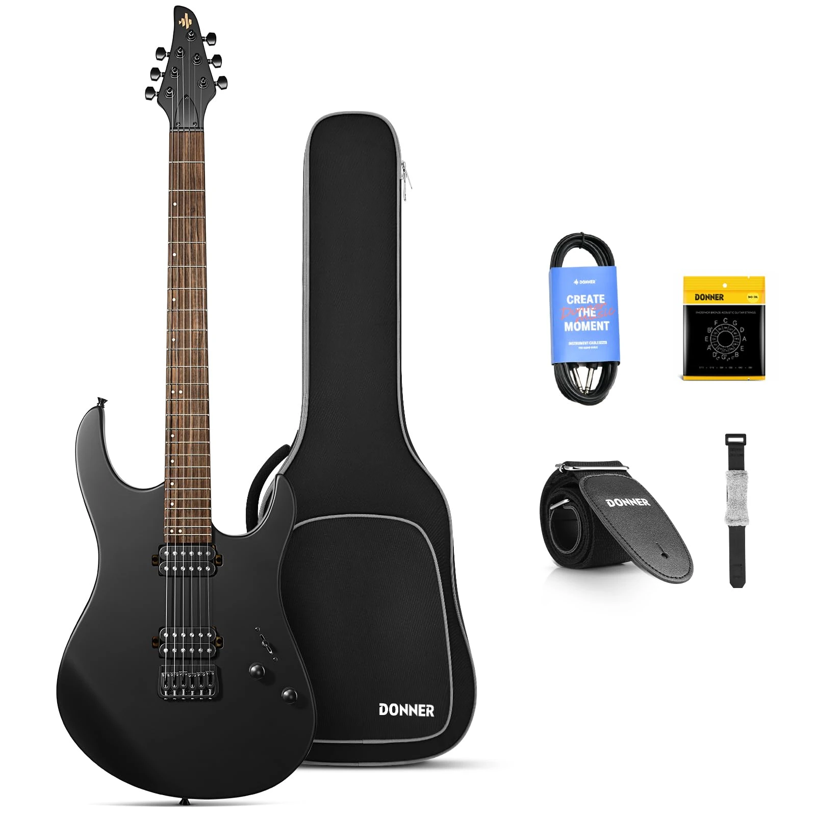 Donner Solid Body Electric Guitar, DMT-100 39 Inch Metal Electric Guitar Kits with H-H Pickups, Bag, Strings, Strap, Cable, Strings Dampener for Rock Music Lover (BLACK)