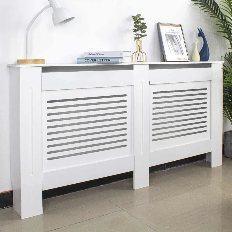 BAKAJI Radiator Cover in MDF Wood 152 x 19 x H82 cm Radiator Cover Cover Radiator Cover with Shelf Top and Decoration with Horizontal Strips Modern Design White
