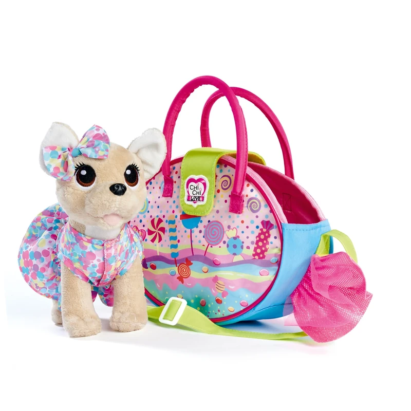Simba 105890001 Chichi Love Sweet Candy Chihuahua Plush Dog with Candy Bag and Surprise Candy Pendant with Shoulder Strap 20 cm Cuddly Dog from 5 Years