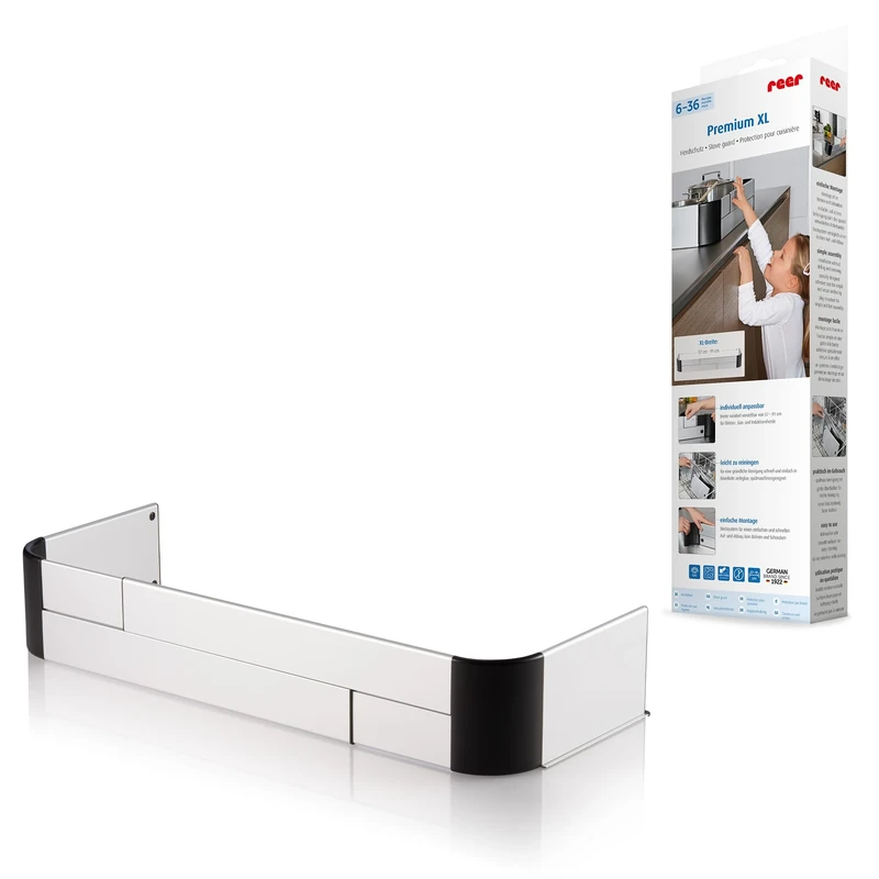 Reer Premium XL Stove Guard for Adhesive, Adjustable 57-90 cm, Suitable for Induction and Gas Stoves, Silver