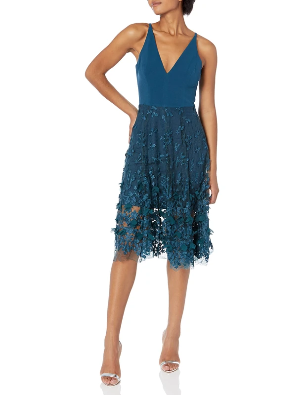 Dress the Population Women's Darleen Sleeveless Plunging Neckline Fit and Flare Midi Dress, Peacock Blue, Medium