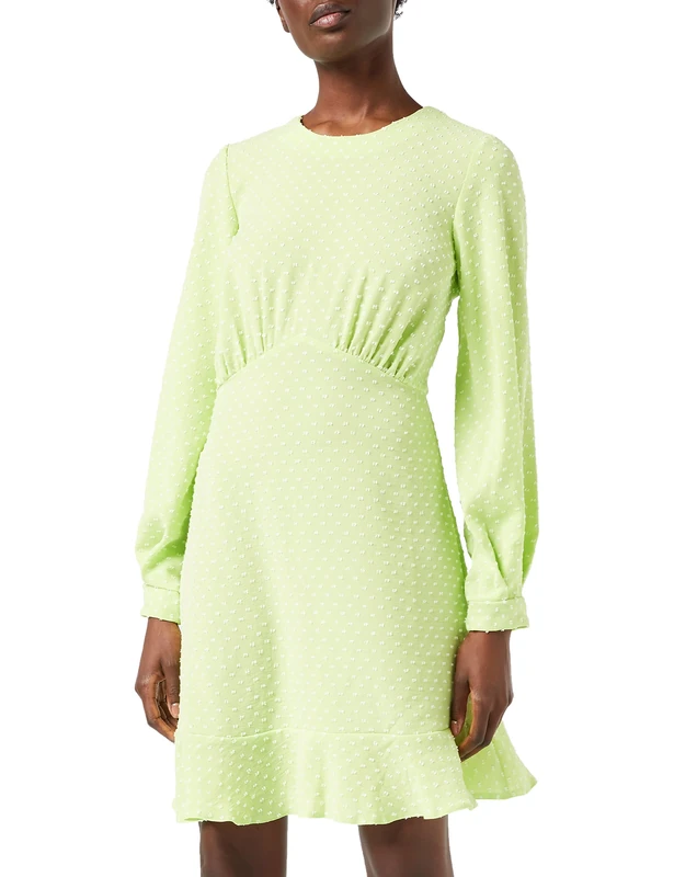 Closet London Women's Tiered, Puff Sleeves, Gathers at Waist, Mini Dress, Dobby dot Design, Cuff Detailing, A-line Silhouette Casual, Lime, 12 (Pack of 2) - Image 1