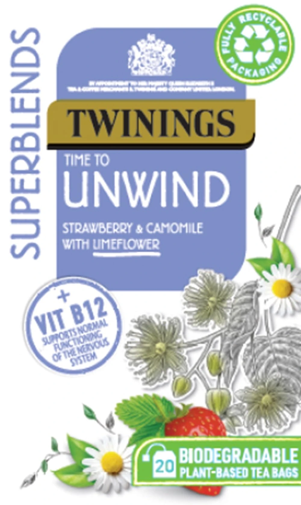 Twinings Superblends Unwind Tea - Strawberry Herbal Tea Infusion with Camomile, Lemon Balm, Limeflower & Vitamin B12, 80 Biodegradable Tea Bags