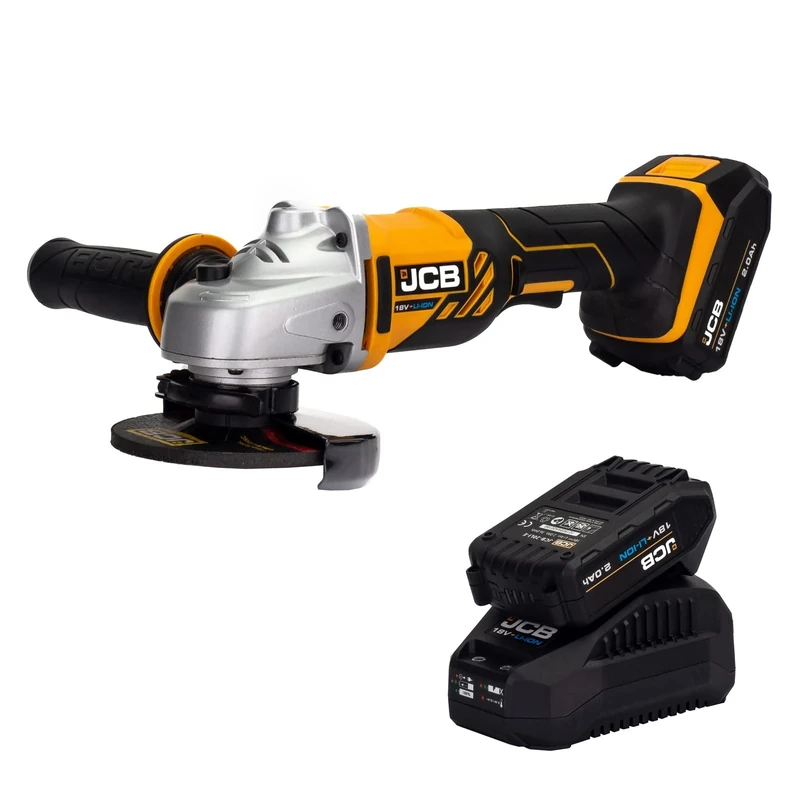JCB 18V Cordless Angle Grinder, 2X 2.0ah Li-ion Batteries, Fast Charger, Anti-Vibration & 3 Position Handle, Tool-Free Adjustable Guard, 3 Year Warranty