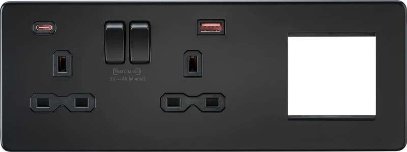 Screwless 13A 2G DP Socket with USB Fastcharge + 2G Modular Combination Plate - Matt Black