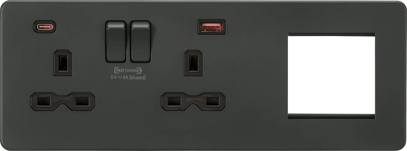 Screwless 13A 2G DP Socket with USB Fastcharge + 2G Modular Combination Plate - Anthracite