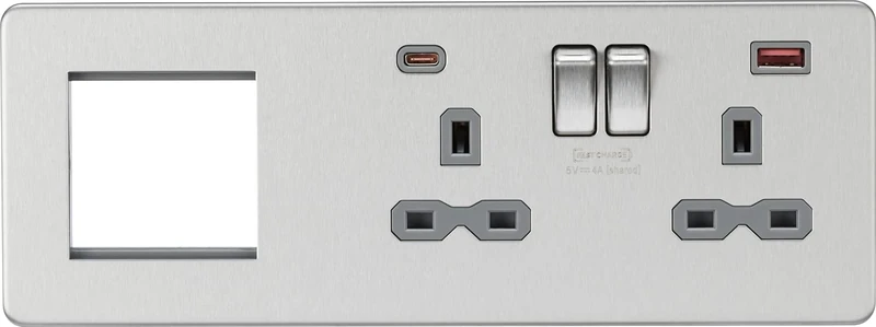 Screwless 13A 2G DP Socket with USB Fastcharge + 2G Modular Combination Plate - Brushed Chrome