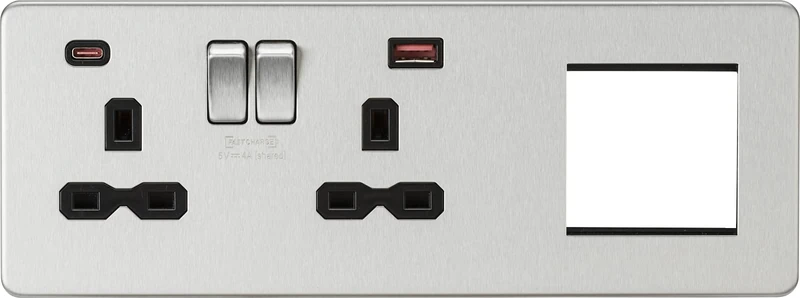 Screwless 13A 2G DP Socket with USB Fastcharge + 2G Modular Combination Plate - Brushed Chrome