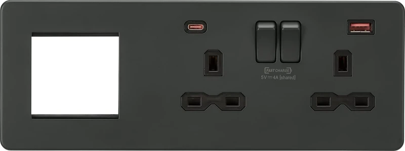 Screwless 13A 2G DP Socket with USB Fastcharge + 2G Modular Combination Plate - Anthracite