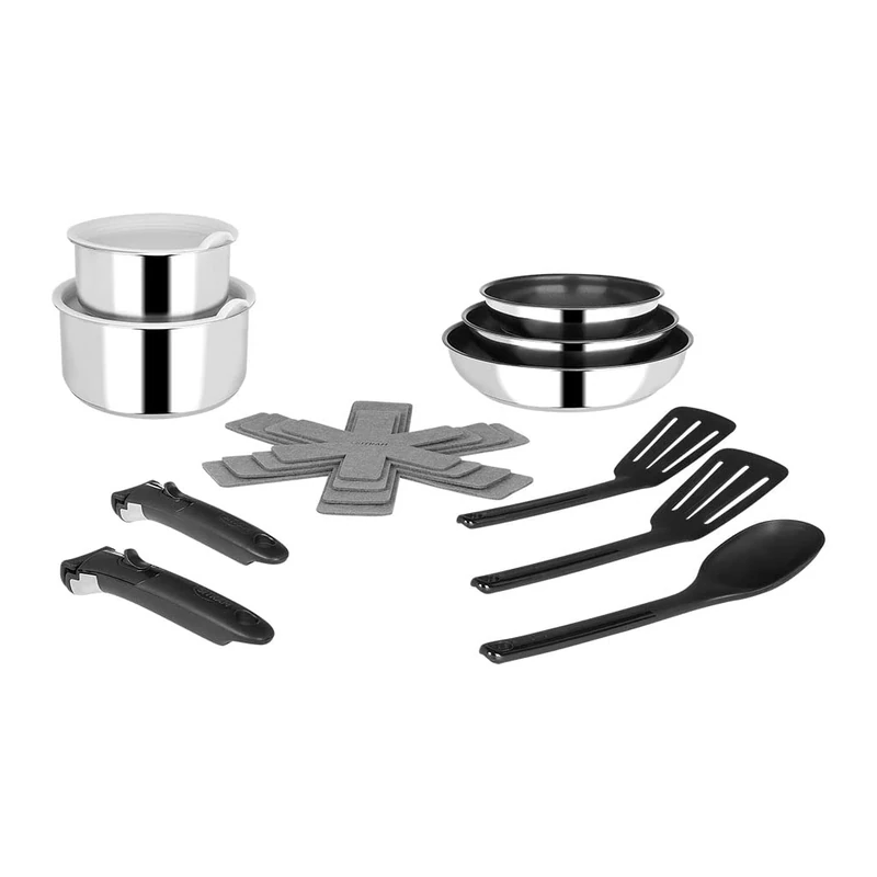Sitram, Stainless Steel Cookware Set, 15 Pieces, 2 Saucepans, 2 Lids, 3 Felt Tips, 2 Spatulas, 1 Nylon Spoon, 2 Removable Handles, Suitable for All Heat Sources Including Induction 714690 Grey