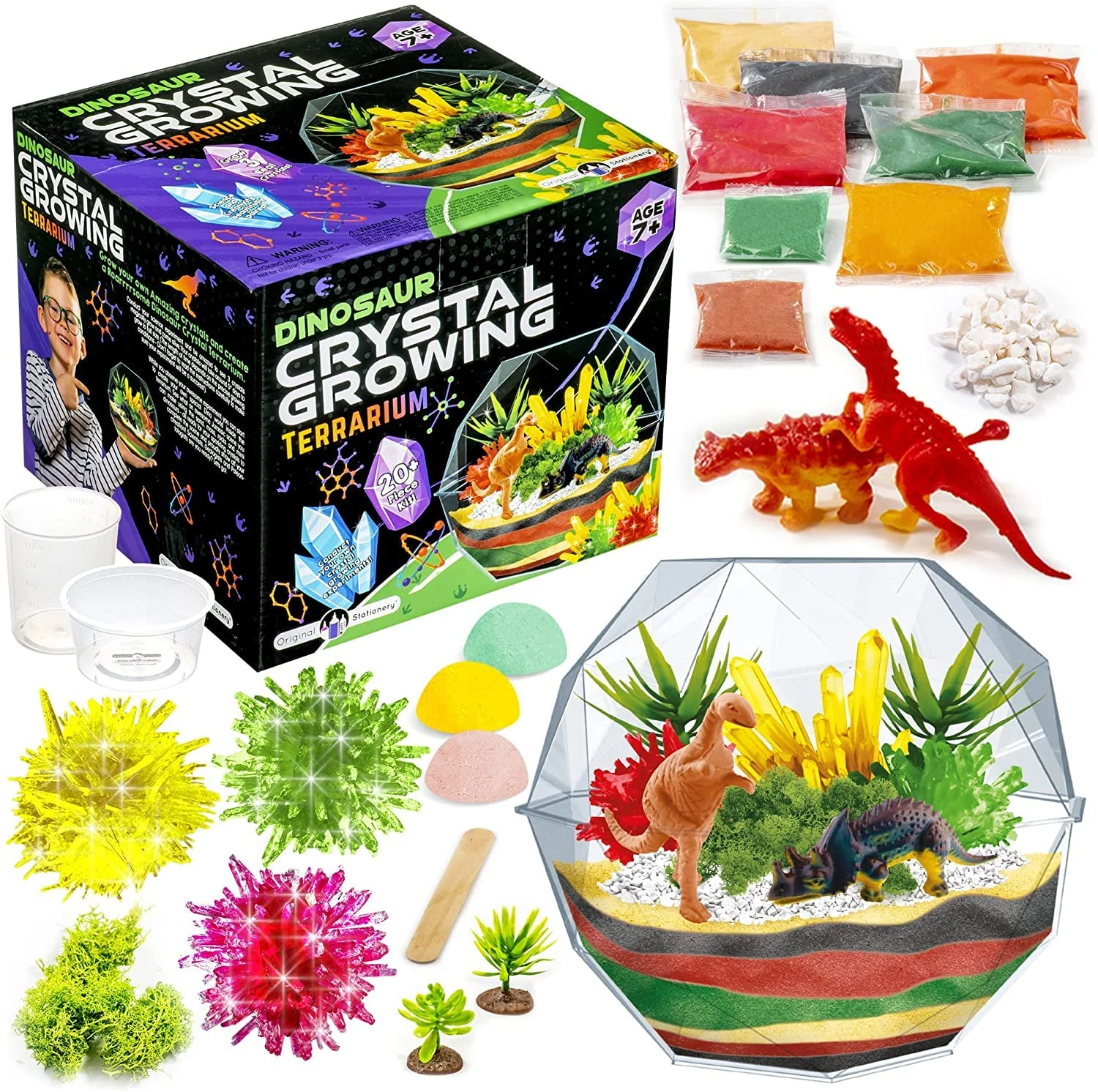 Original Stationery Grow Your Own Crystal Dinosaur Terrarium Kit, All in One Crystal Growing Kit with 2 Dinosaur Toys for Boys and Seeds to Grow 3 Crystals for Kids, Fun Experiment and Dinosaur Gifts