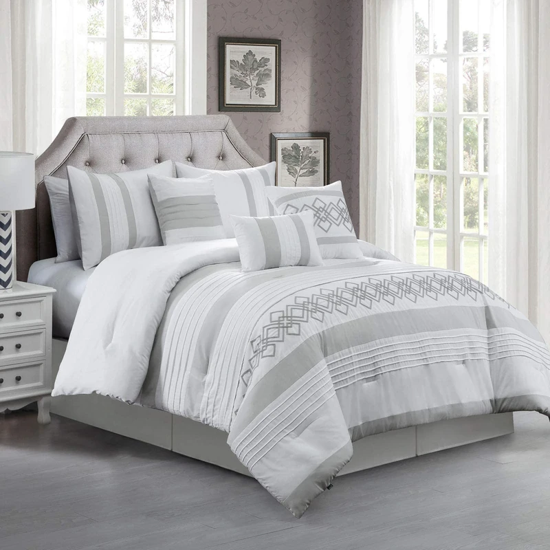 Chezmoi Collection Ariel 7-Piece Gray Geometric Chenille Embroidery Pleated Striped Comforter Bedding Set, King Size