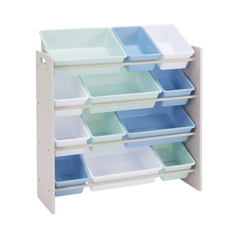 Amazon Basics Kids’ Toy 4 Shelf Storage Organiser With 12 Plastic Bins, Grey Wood With Blue Bins, 27.7 D x 85.3 W x 79.0 H cm
