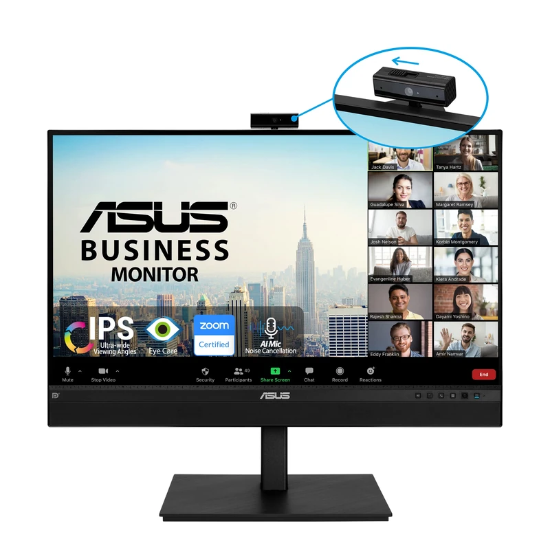 ASUS BE27ACSBK Video Conferencing Monitor -27 inch, 2560x1440 WQHD, IPS, Webcam, Mic Array, AI Noise-canceling, Zoom Certified, USB-C, Speakers, Height Adjustable, HDMI, Eye Care, Wall Mountable