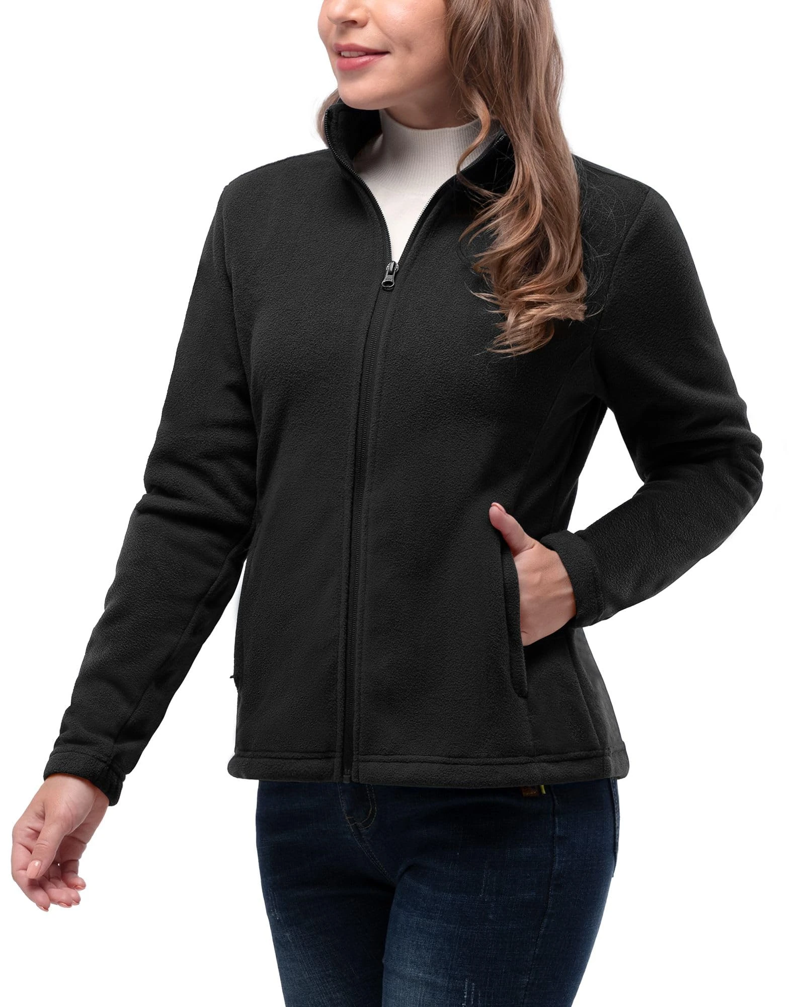 33,000ft Womens Fleece Jackets Ladies Lightweight Warm Full Zip Coat Breathable Microfleece Ladies Sweater Casual Long Sleeve, Ideal for Travelling Outdoor Sport Black XS