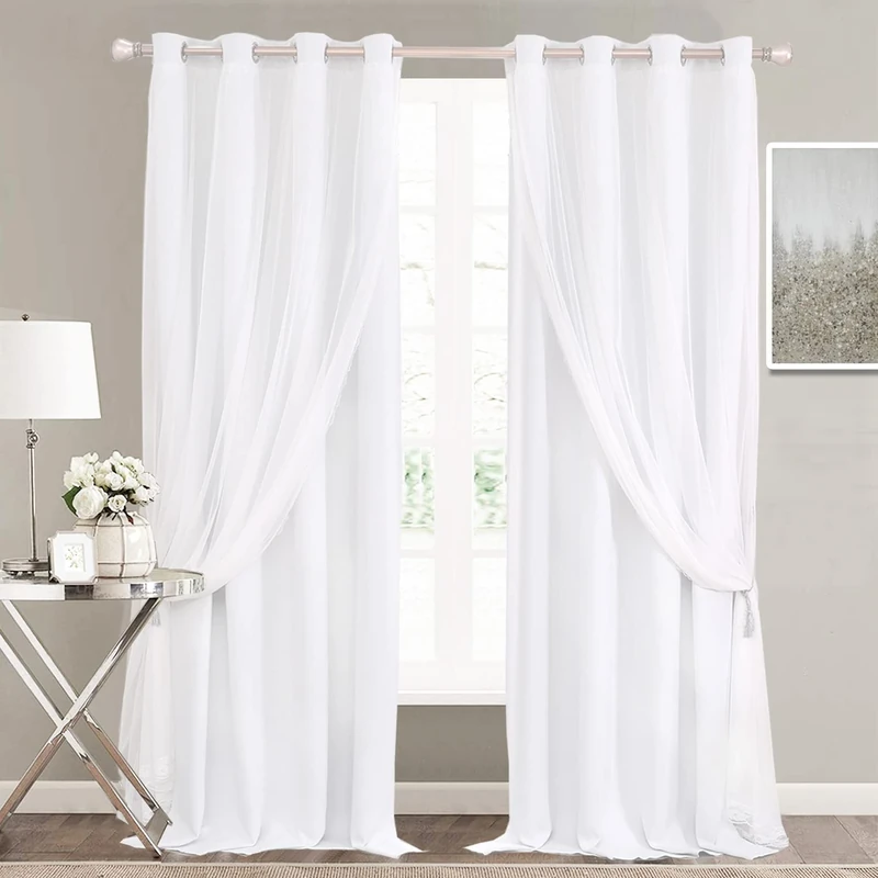 SOFJAGETQ Winter White Curtains 84 inch Length - Double Layers Voile Sheer Curtains & Draperies Panels for Bedroom Office, Winter White, 2 Panels