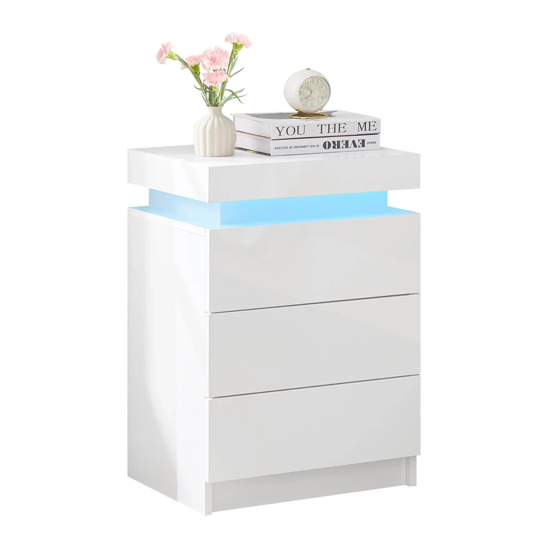 TUKAILAi White Bedside Table with LED Lights, High Gloss 3 Drawers and Top Storage Bedside Cabinet Nightstand Chest of Drawers for Bedroom Living Room