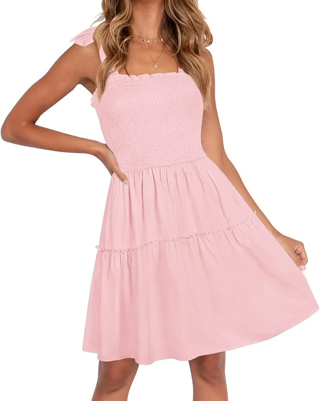 ZESICA Women's 2024 Summer Spaghetti Strap Sleeveless Square Neck Ruffle A Line Swing Mini Dress, Pink, XL