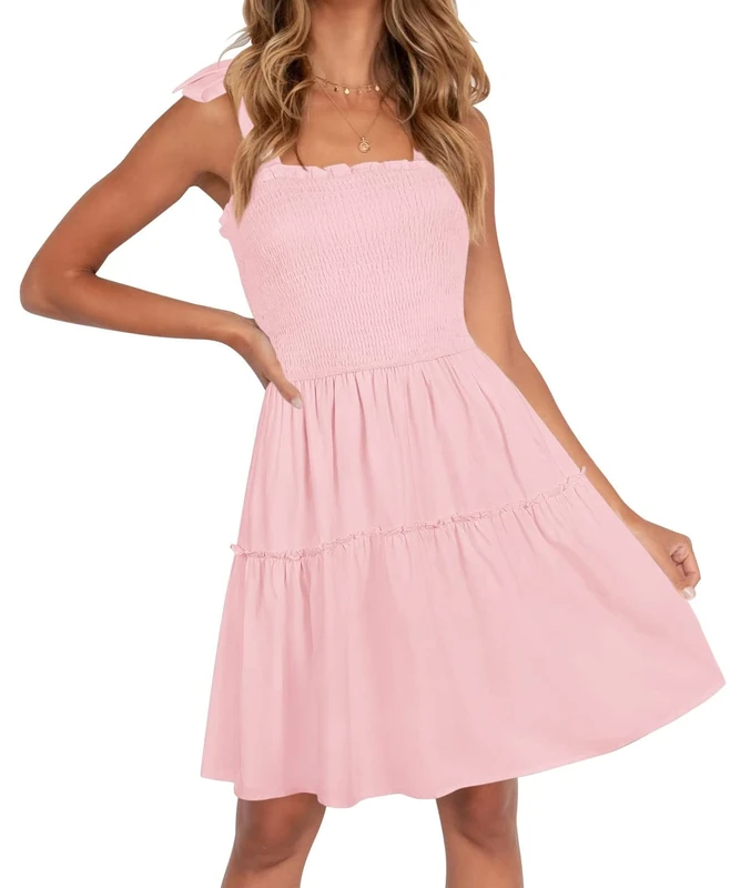 ZESICA Women's Square Neck Sleeveless Spaghetti Strap A Line Ruffle Summer Dress, Pink/Rebel Fun., Small - Image 1