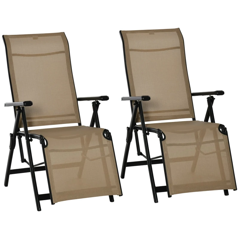 Outsunny Outdoor Reclining Garden Chair Set of 2, 10-Position Adjustable Folding Sun Lounger Zero Gravity Chairs with Texteline Seat, Armrests and Footrest for Patio, Beige