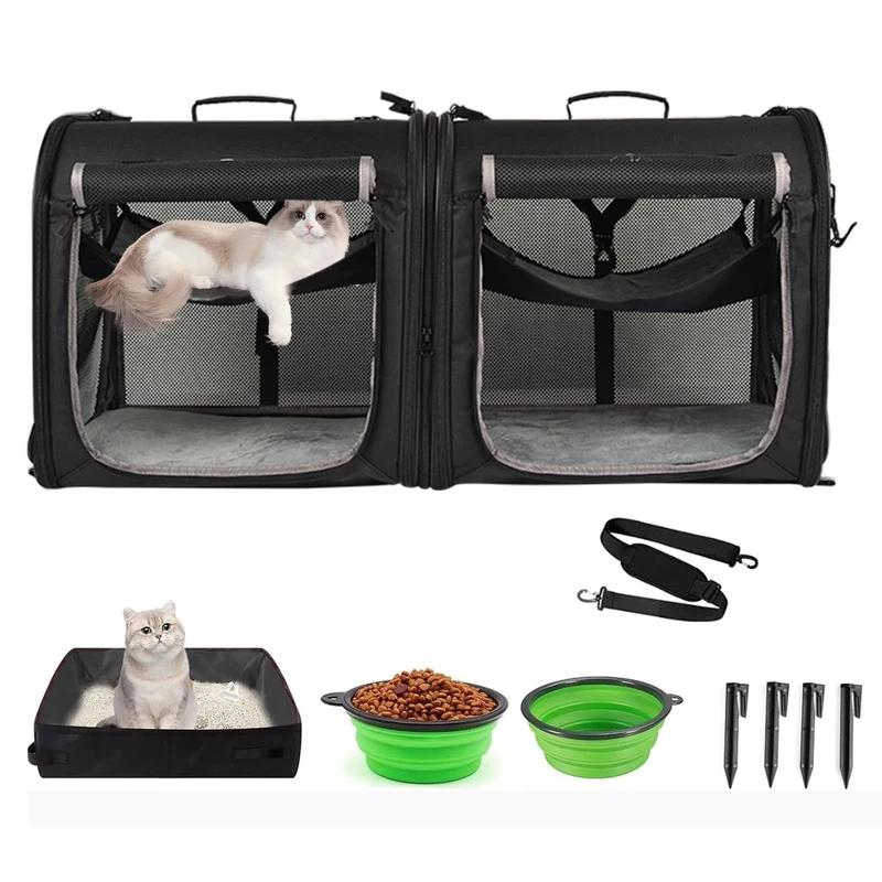 Wakytu Foldable Cat Carrier 89x35x43cm for 2 Cats, 2 in 1 Pet Carrier and Car Seat Secure and Ventilated for Car Travel Vet Suitable for Small Dogs and Cats
