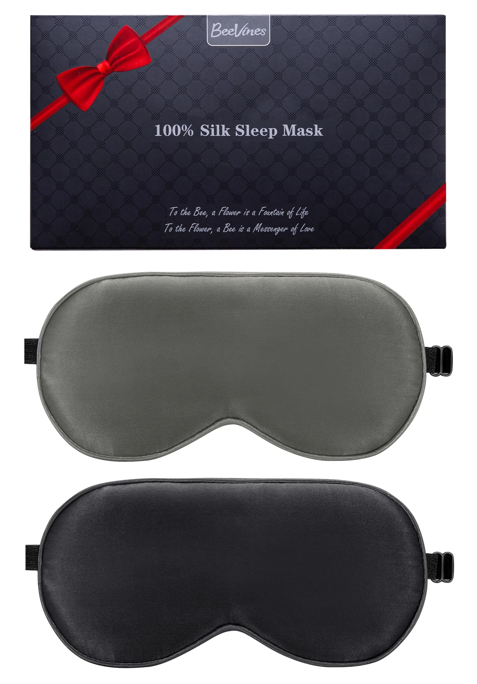 Silk Sleeping Mask, 2 Packs 100% Real Natural Silk Eye Mask with Adjustable Straps, Eye Sleeping Mask, Beevines Summer Travel Eye Sleeping Mask to Reduce Puffy Eyes (Black &Galaxy Gray)