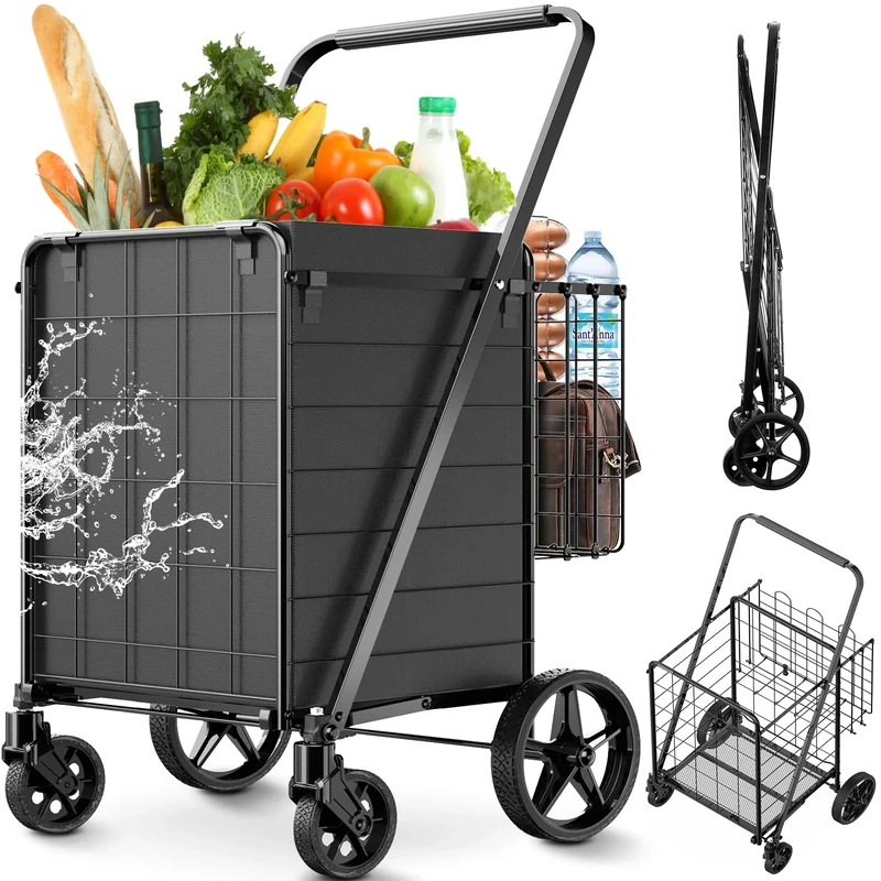 RXUJYC Jumbo Folding Shopping Cart with Waterproof Liner, Heavy Duty Stainless Steel Cart, 360° Swivel Wheels, Double Baskets, Holds Up to 440 LBS