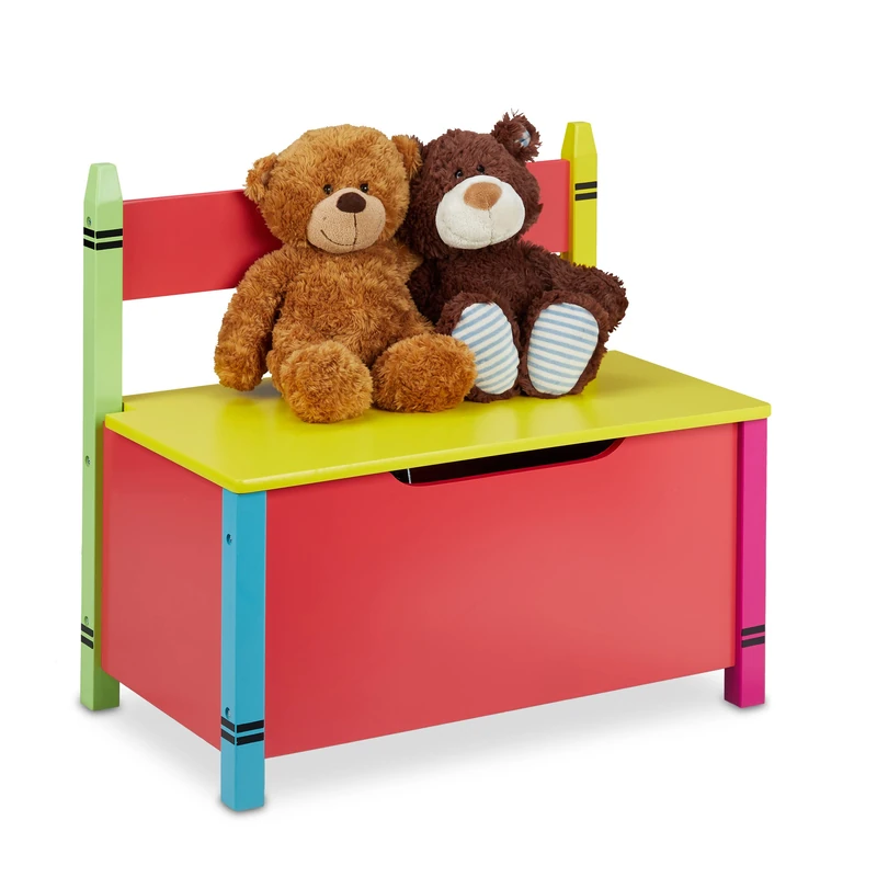 Relaxdays Children's Storage Bench, H x W x D: 54.5 x 60 x 35 cm, MDF, Toy Chest with Lid, Multicoloured, Fibreboard