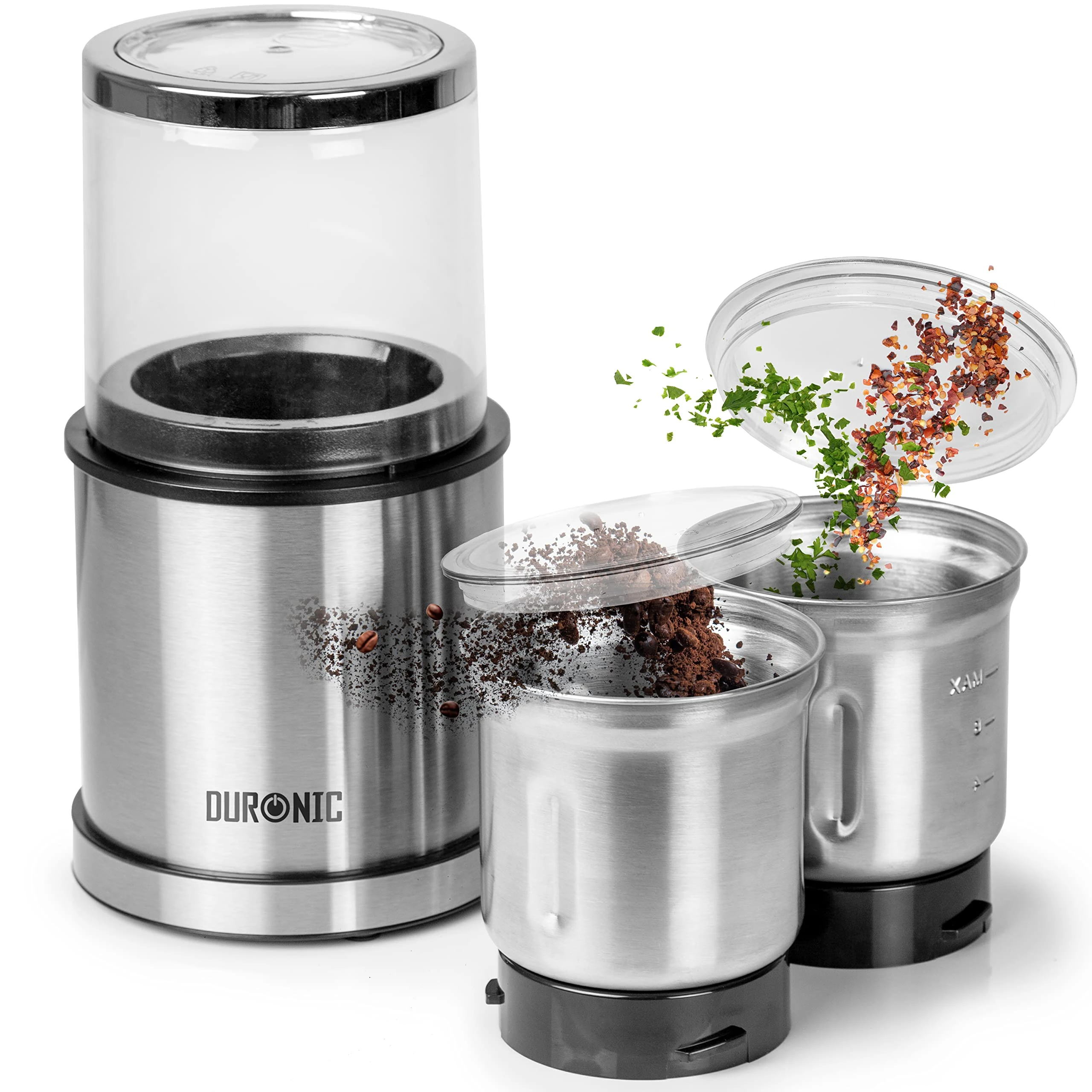 Duronic Electric Blade Coffee Grinder CG421, 2 in 1 Spice Grinder Kitchen Machine, Wet & Dry Grinding Mini Mill Hopper, 75g/220ml, 200W, 2X Stainless Steel Cups for Beans, Herbs, Nuts