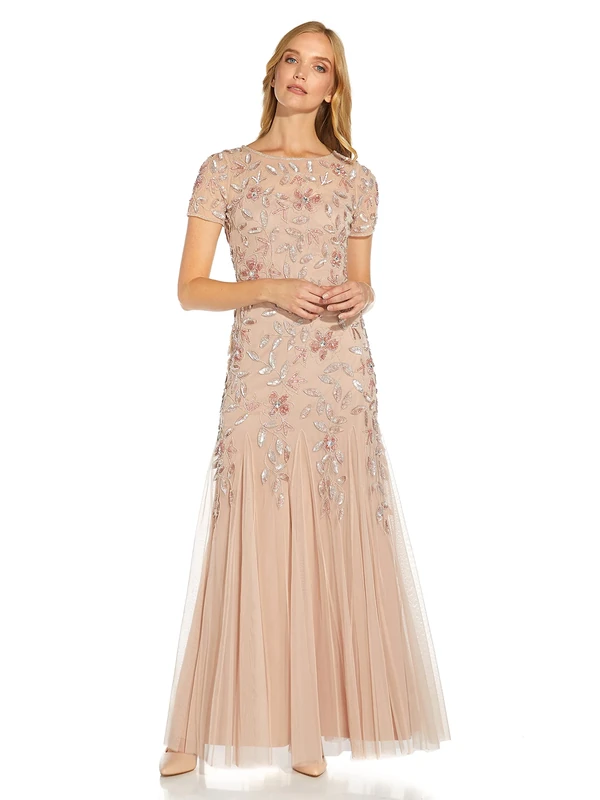 Adrianna Papell Women's Short-Sleeve Floral Beaded Godet Gown Dress, Blush, 10