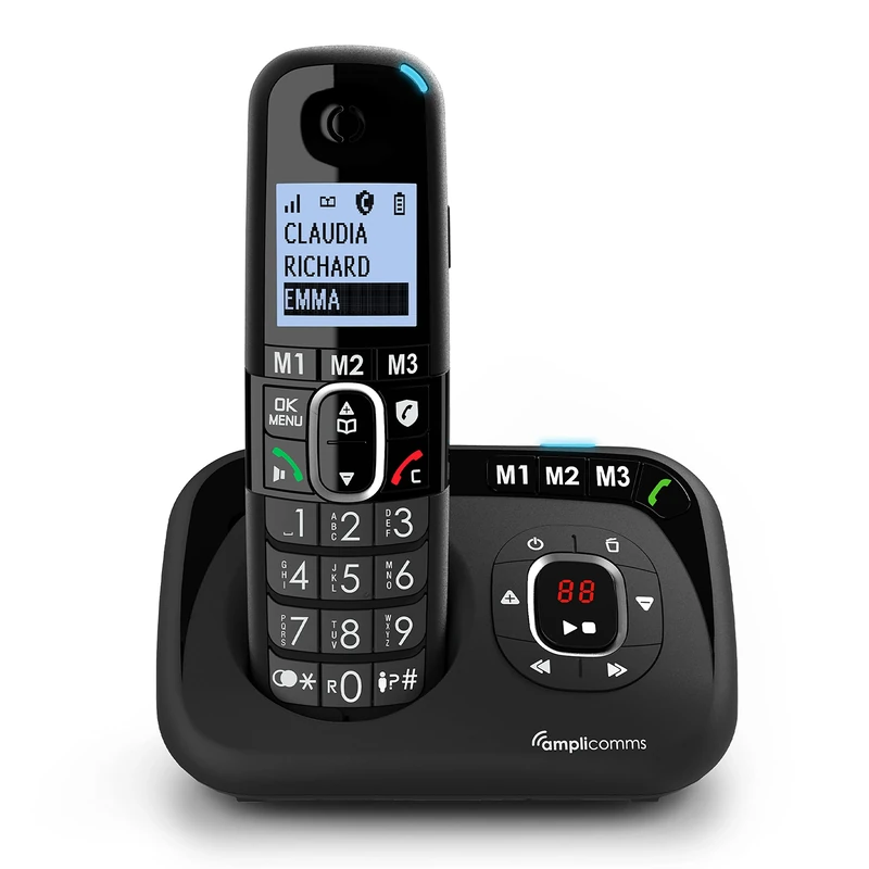 Amplicomms Cordless DECT telephone BigTel 1580 Black Caller ID 10 hours talk time, 30 minutes recording capacity, Single-Line Operation