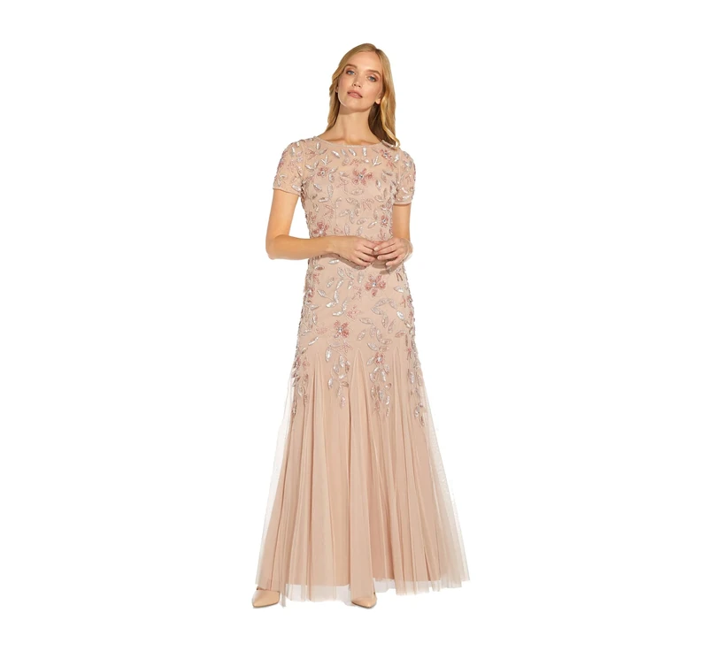 Adrianna Papell Women's Floral Beaded Godet Gown, Blush, 16