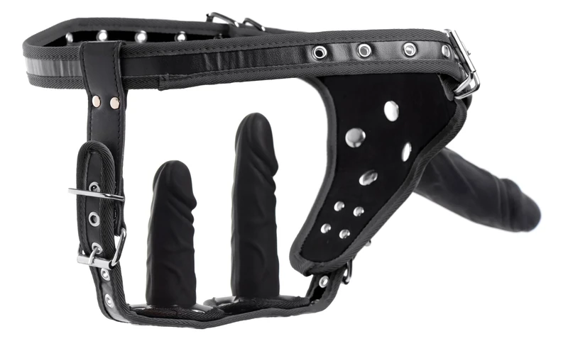 Strict Double Penetration Strap-On Harness | 3 Removable Dildos for Penetration, Anal, & Vagina | Made of Premium Silicone | Soft Inner Lining & Fully Adjustable Harness