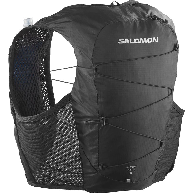 Salomon Active Skin 8 Unisex Running Vest Hiking Trail With Flasks Included, 8L, Lasting Comfort, Quick Hydration, and Optimized Storage, Black, L