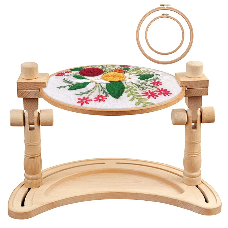 ZOCONE Multifunctional Beech Wood Embroidery Hoop Stand with 2 Pcs 6'' 8'' Embroidery Hoops, Adjustable Rotated Embroidery Stand Cross Stitch Stand, Embroidery Hoop Holder for Embroidery Project (D)